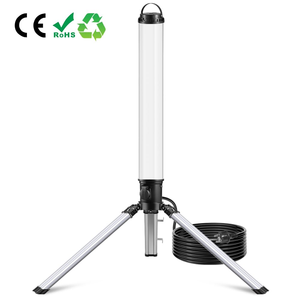 150W LED Turm Baustrahler mit Stativ, 15000 Lumen 360 Grad Strahler LED Arbeitsleuchte mit 2m Kabel, 4000K Warmweiß，Vormontage für Heimwerken, Werkstatt, Garage, Keller, Schuppen
