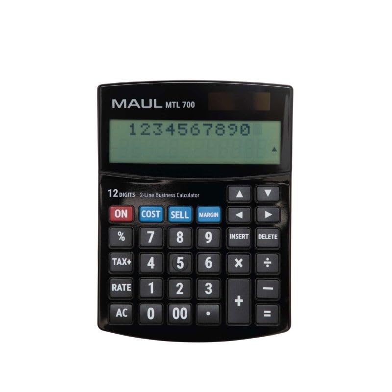 MAUL Taschenrechner MTL 700 | Kaufmännischer Tischrechner für Büro | Taschenrechner zweizeilig mit 12-Stellen Display | inkl. Steuerrechnung und Korrekturfunktion | Solar/Batterie | Schwarz