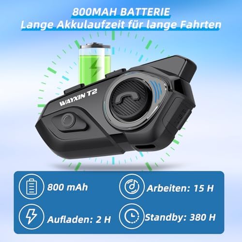WAYXIN T2 Motorrad Headset mit Gegensprechanlage,Helm Kommunikationssystem für 2 Personen in Reichweite von 300m, mit Sprachassistent, Wasserdicht Freisprecheinrichtung,Musikanrufsteuerung(1pc)