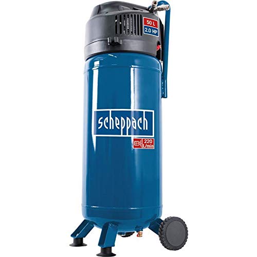 Scheppach Kompressor HC51V (1500W, 50 L, 10 bar, Ansaugleistung 220 l/min, Druckminderer, ölfrei, stehende platzsparende Bauweise) - inkl. 13 tlg. Druckluft-Werkzeug-Set + 8m Spiralschlauch