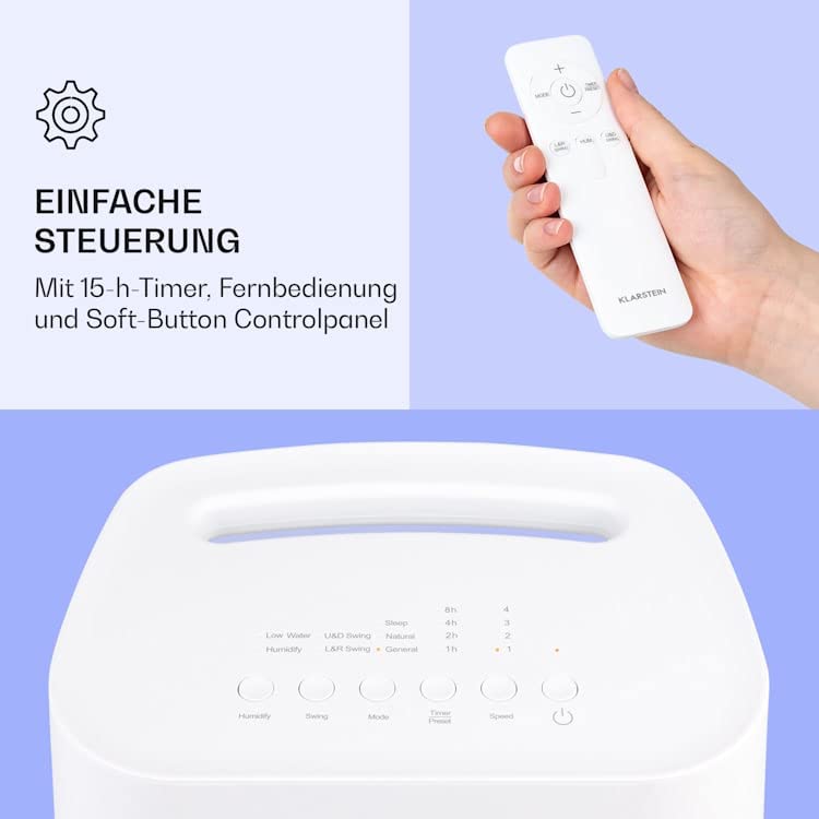 Klarstein Luftkühler mit Wasserkühlung, Leiser 4-in-1 Verdunstungskühler, Luftbefeuchter, Ventilator & Nachtmodus, Mobile Klimageräte Luftkühler, 60W Air Cooler, 330m³/h Kühlender Luftstrom