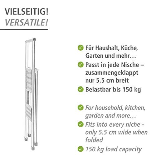 WENKO Leichte Aluminium Trittleiter mit 2 Stufen für 50 cm höheren Stand, rutschsichere XXL-Stufen, Design Klapptrittleiter, TÜV Süd Zertifiziert, 44 x 101 x 5,5 cm, Weiß