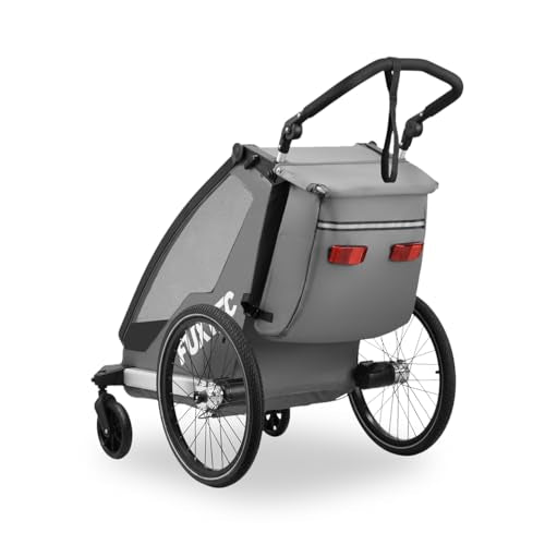 FUXTEC Kinderfahrradanhänger FX-FA1S, EIN-Sitzer faltbar mit Schiebegriff und Regenschutz, integrierter Anschnallgurt und Handgelenksband, max. Zuladung 35kg, inkl. Kupplung und Sicherheitsfahne