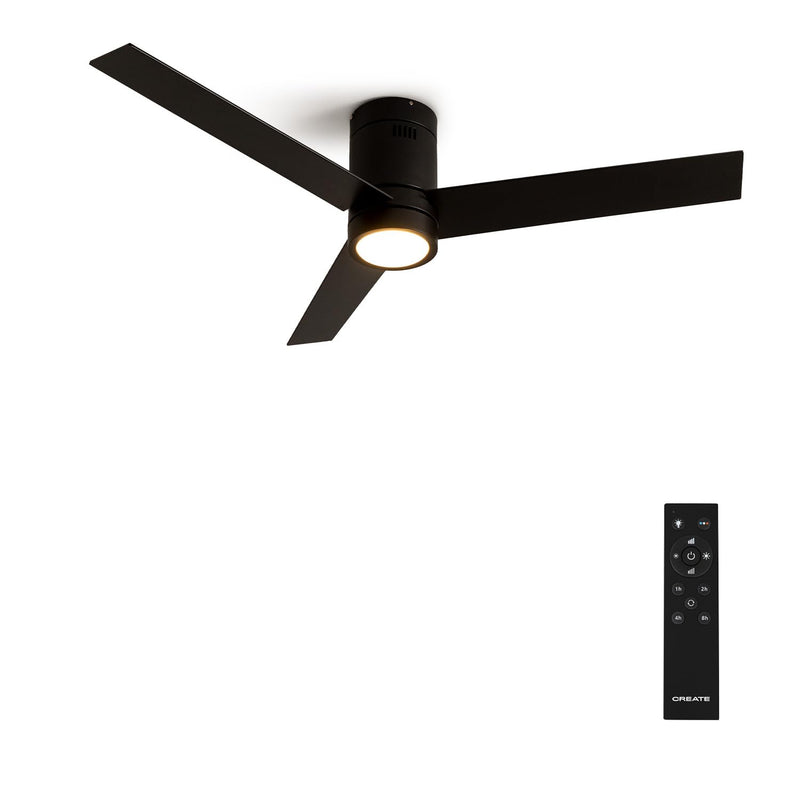 CREATE / WINDMINIMAL/Deckenventilator Schwarz mit Beleuchtung und Fernbedienung/Leise, Timer, DC-Motor, 40W, Ø132 cm, 6 Geschwindigkeiten, Sommer-Winterbetrieb