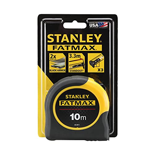Stanley FatMax Bandmass Blade Armor, 10m Länge, Feststeller, automatischer Rücklauf, Gürtelclip, DynaGrip, 0-33-811