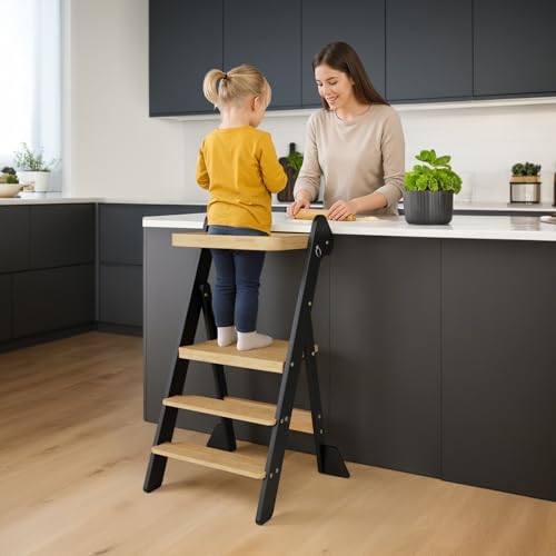 COSYLAND Lernturm ab 1 Jahr klappbar – iF Design Award Gewinner, höhenverstellbarer Lernturm mit Sicherheitsnetz, Montessori Learning Tower/Lernstuhl für Kinder, Foldi (Schwarz & Natur)