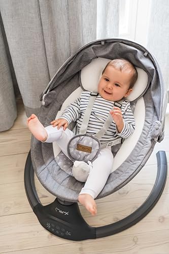 MoMi KENANI Babywippe für Kinder bis 9 kg, klappbar, mit Fernbedienung & Bluetooth zum Verbinden mit Smartphone, Batterie- oder Stromanschluss, mit 5-Punkt-Sicherheitsgurt, Sonnenschutz, Insektennetz