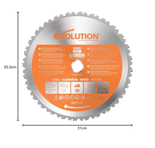 Evolution Power Tools R255TCT zaagblad met 28 tanden en met een uiteinde van carbide voor meerdere materialen - zaagt hout, metaal, kunststof en meer, 255 mm