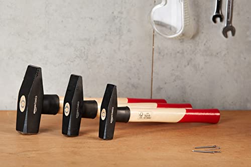 Amazon Basics Schlosserhammer-Set, Stiel aus Hickoryholz, 3 Teile, 300 g, 500 g, 1000 g, Schwarz
