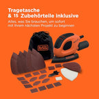 BLACK+DECKER 55W Kompakter elektrischer Deltaschleifer, mit Staubabsauganschluss und 15 Zubehörteilen, inklusive Schleifblättern, Detailschleifspitzen und einer Softtasche, BEW230BC-QS