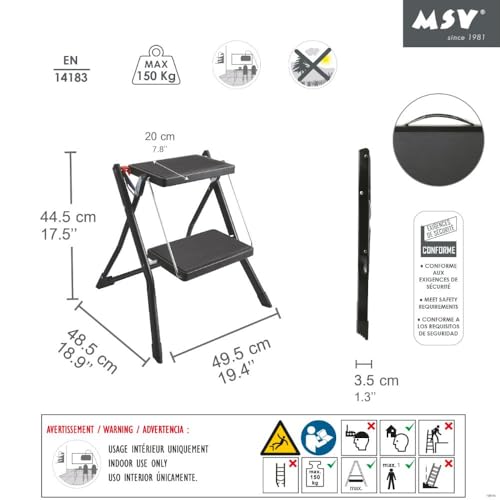 MSV - Klapptritt mit 2 Stufen aus Stahl - Tragfähigkeit 150 kg - GS-Sicherheitsnorm - rutschfest und kompakt - Ideal für Zuhause, Küche, Büro und Heimwerken - Schwarz