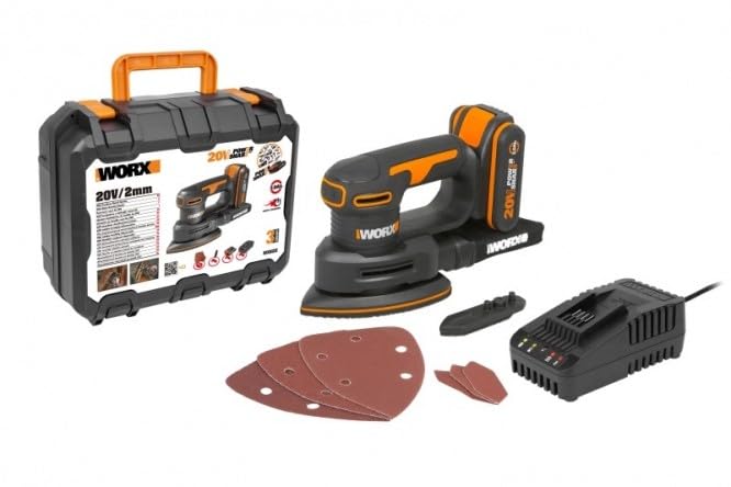 WORX WX822 Akku Detailschleifer 20V - Elektrische 20V Schleifmaschine für Holzmöbel, Türen, Ecken und Kanten - Schleifen mit Staubfangsack - PowerShare kompatibel - mit Akku & Ladegerät