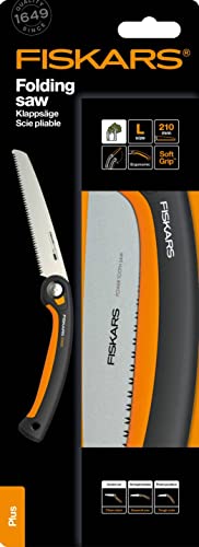 Fiskars Plus Klappsäge, Für dicke Stämme und Äste, 3 Schneidpositionen, Scharfes Power Tooth-Blatt, Grobzahnung, Blattlänge: 21 cm, Schwarz/Orange, SW69, 1067553