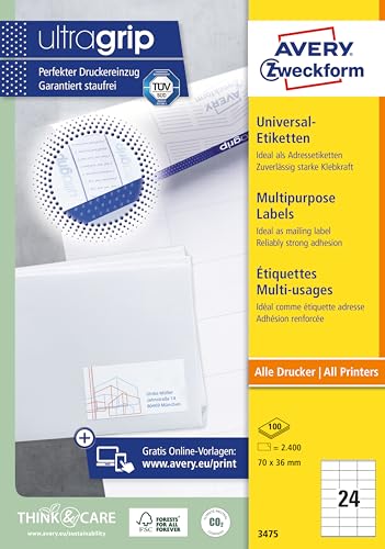 AVERY Zweckform 3475 Adressaufkleber (2.400 Klebeetiketten, 70x36mm auf A4, Papier matt, bedruckbare Absenderetiketten, selbstklebende Adressetiketten mit ultragrip) 100 Blatt, weiß