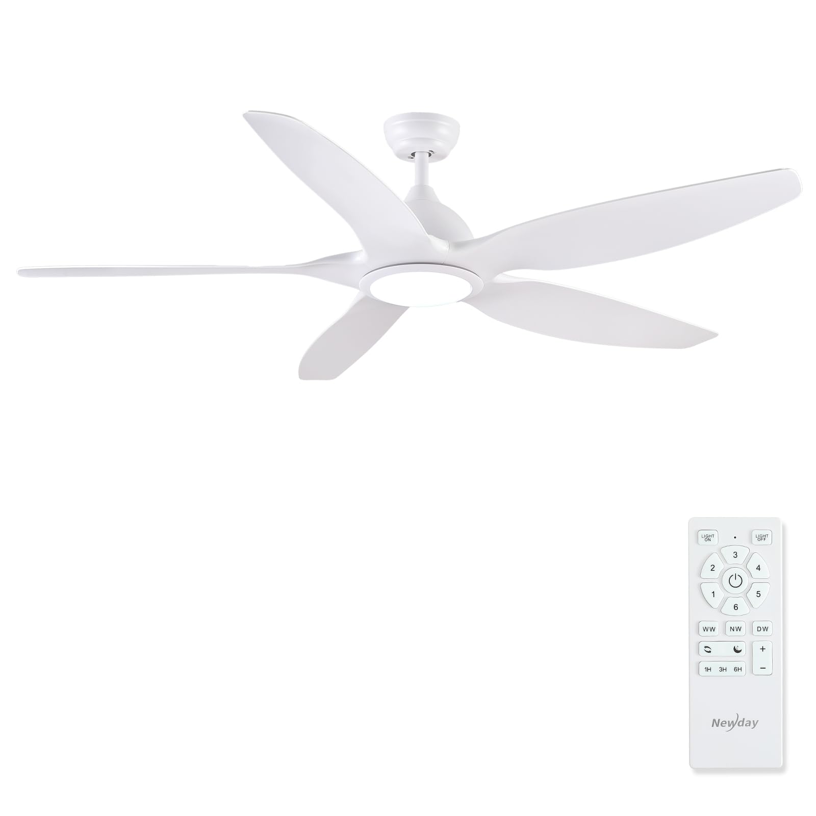 Newday Deckenventilatoren Große 153CM, Deckenventilator Weiß mit Beleuchtung und Fernbedienung Leise, Ventilator Lampe Decke mit 5 Flügel, Motor DC Reversibel, Speicherfunktion, Stufenloser Dimmer