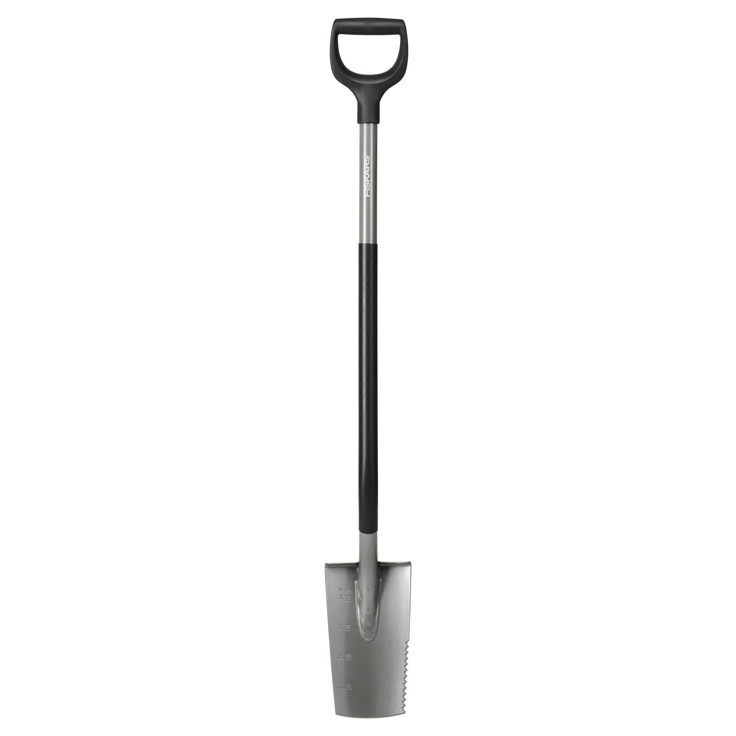 Fiskars Ergonomic Wurzelspaten, Spaten mit Sägezahnung zum Durchtrennen von Wurzeln, D-Griff, Borstahl/Kunststoff, 1066714