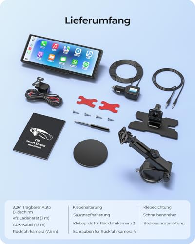 Krunia 9,26" Drahtloses Tragbarer Car Play Display mit 4K-Front- & HD-Rückfahr-Dual-Dashcam für Apple CarPlay & Android Auto mit OTA-Updates, Mirror Link, Bluetooth 5.0, Sprachsteuerung, GPS, FM