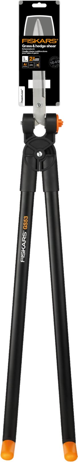 Fiskars Scherenstorch, Multifunktionale Hecken- und Rasenschere, Reichweite bis 2,5 m, Schwarz/Orange, PowerLever, GS53, 1001565