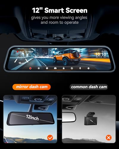 WOLFBOX 12" G840S 4K Spiegel Dashcam mit Rückfahrkamera, 5.8GHz WiFi Auto Kamera mit IPS-Touchscreen Dual Dash Cam Spiegel, Loop-Aufnahme und G-Sensor, Parküberwachung, GPS, kostenlose 32 GB-Karte