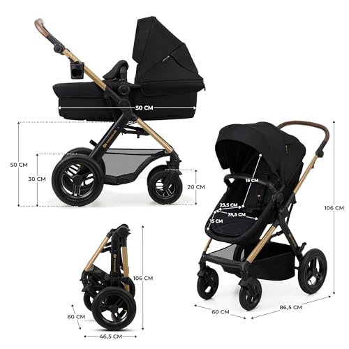 Kinderkraft MOOV2 AIR Kinderwagen 3 in 1 Kinderwagenset bis 22 kg mit Kindersitz I-SIZE 40-75 cm, Buggy Funktion, Liegeposition verstellbar, Große ausziehbare Verdeck, Aufblasbare Räder, Schwarz