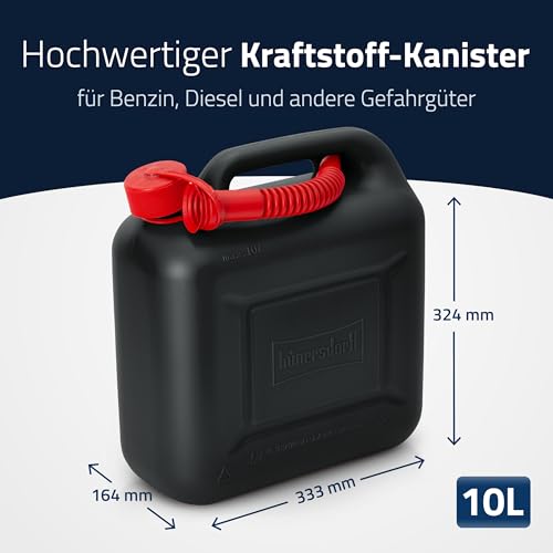 hünersdorff Kraftstoff-Kanister 812800 STANDARD 10l für Benzin, Diesel und andere Gefahrgüter, UN-Zulassung, made in Germany, TÜV-geprüfter Produktion, schwarz