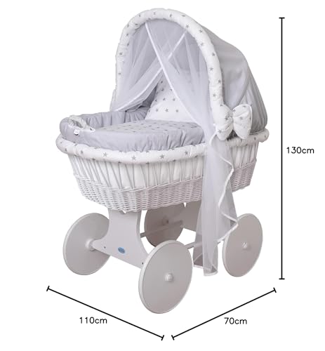 Waldin Baby Stubenwagen-Set mit Ausstattung, XXL, Bollerwagen, komplett, 24 Modelle wählbar, Gestell/Räder weiß lackiert, Stoffe grau/Sterne grau