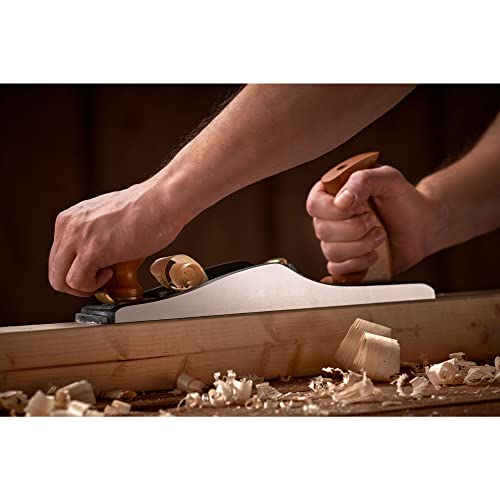 STANLEY Hobel Trockenbauwerkzeug Bankhobel (klassischer Bankhobel, 355 mm Eisenlänge, 50 mm Eisenbreite, Hobelmaul verstellbar, mit Einstellschrauben, FSC-zertifizierter Kirschholz-Griff) - 1-12-137