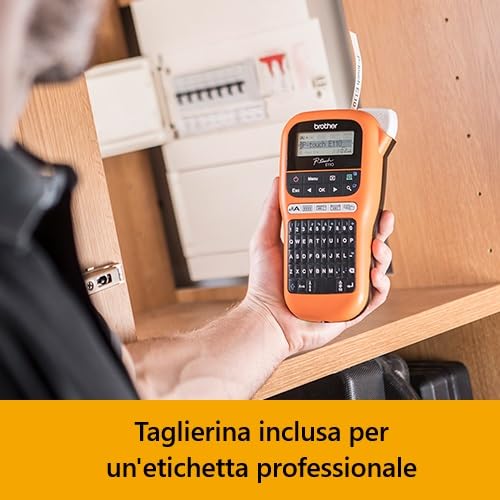 Brother PT-E110 Industrielles Beschriftungsgerät (für 3,5 bis 12 mm breite TZe-Schriftbänder, Beschriftung von Kabeln und Anschlüssen), orange