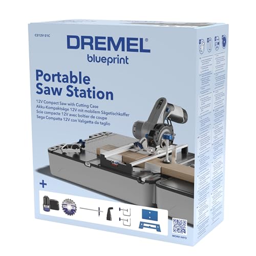 Dremel Blueprint Bürstenlose 12V Akku-Mobile Sägestation mit 1x Kompakt-säge, 1x Sägetischkoffer, 1x 2.0 Akku + Ladegerät, 1x Multi Material Kreissägeblatt, 2x Schraub-zwingen, Mehrere Schnitt-Arten