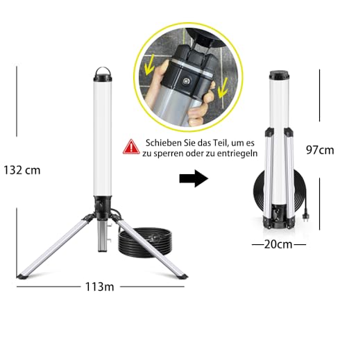 150W LED Turm Baustrahler mit Stativ, 15000 Lumen 360 Grad Strahler LED Arbeitsleuchte mit 2m Kabel, 4000K Warmweiß，Vormontage für Heimwerken, Werkstatt, Garage, Keller, Schuppen