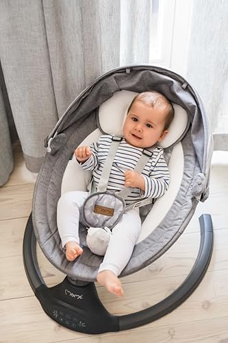 MoMi KENANI Babywippe für Kinder bis 9 kg, klappbar, mit Fernbedienung & Bluetooth zum Verbinden mit Smartphone, Batterie- oder Stromanschluss, mit 5-Punkt-Sicherheitsgurt, Sonnenschutz, Insektennetz