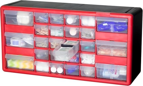 Akro-Mils 10126 26-Drawer Plastic Drawer Storage Cabinet for Garage Organization, Teacher Toolbox, Makeup Organizer, and More, 50.8 cm W x 15.24 cm D x 25.4 cm H, Red