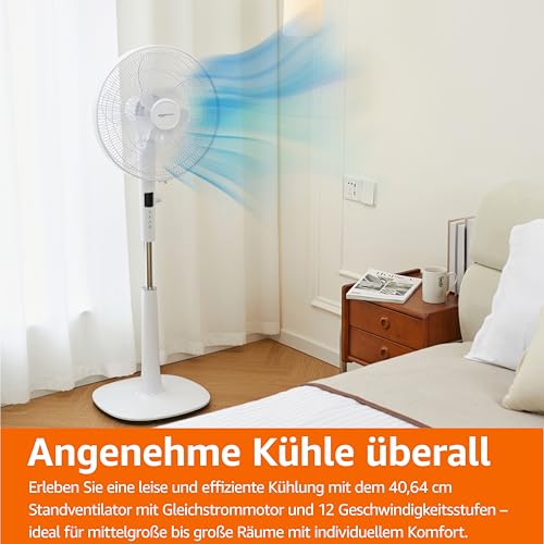 Amazon Basics Standventilator 40 cm mit DC-Motor, 12 Geschwindigkeiten und Fernbedienung, 3 Windmodi, Doppelschicht-Rotorblätter, Timer, Energieeffizient und Leiser DC-Motor (28W), Weiß
