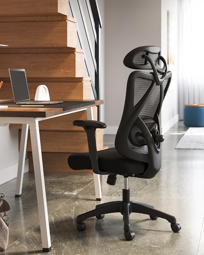SONGMICS Ergonomischer Bürostuhl, Computerstuhl, Mesh-Stuhl, Lendenkissen und Kopfstütze verstellbar, maximale Belastung: 150 kg, höhenverstellbar, Tintenschwarz, OBN063B01