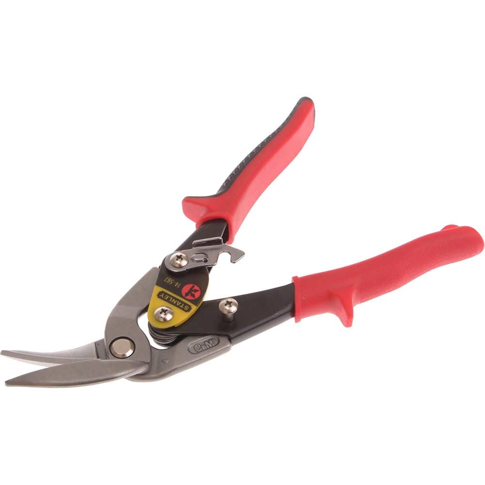 Stanley Maxsteel Blechschere (mit Durchlauf links, 250 mm Länge, Bi-Material Kunststoffhandgriff, chromveredelt, Einhandbedienung) 2-14-567 Red - Offset Left Cut