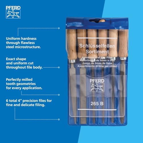 PFERD TOOLS Schlüsselfeilen-Set 265 B in Kunststofftasche, 6 Feilen, 100mm, mit Holzheften, 11706100 - für eine große Bandbreite von filigranen und leichten Feilaufgaben geeignet