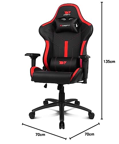 DRIFT GAMING DR350 – Ergonomischer Profi-Gaming-Stuhl mit 4D-Armlehnen, Lenden- und Nackenkissen, 135° neigbar, Leise Rollen, Schwarz-Rot