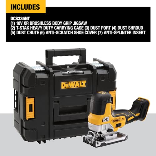 Dewalt 18V Akku-Pendelhubstichsäge DCS335NT (bürstenlos, verstellbarer Alu-Druckguss-Sägeschuh, 3-fach Pendelhub, inkl. Absaugadpater, Sägeschuh-Schutzauflage, TSTAK Box II, Lieferung ohne Akku)