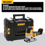 Dewalt 18V Akku-Pendelhubstichsäge DCS335NT (bürstenlos, verstellbarer Alu-Druckguss-Sägeschuh, 3-fach Pendelhub, inkl. Absaugadpater, Sägeschuh-Schutzauflage, TSTAK Box II, Lieferung ohne Akku)