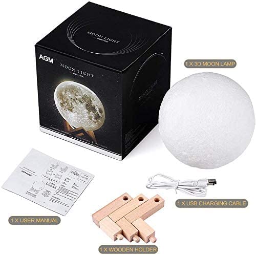 AGM 3D Mondlampe 15CM 2 Farben, USB wiederaufladbare Berührungslampe Empfindliches Nachtlicht mit Holzständer für Schlafzimmer