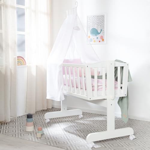 roba Babywiege 40 x 90 cm Kleine Wolke aus Holz - Stubenwagen & Wiege - Bett Set komplett mit Feststellfunktion - Wolken Motiv in Rosa - Inkl. Ausstattung - Holz weiß