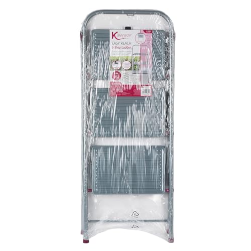 Kleeneze zusammenklappbare 3-stufige Trittleiter, leichte Klappleiter für Heimwerker, sicheres Arbeiten, rutschfeste Trittstufen, robuster Stahl, Sicherheitsclip, 105 cm, rosa/grau, Tragkraft 150 kg