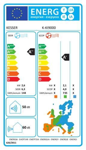 KESSER® Klimaanlage Set Split - mit WiFi/App Funktion Klimagerät - Kühlen A++/ Heizen A+ - 9000 BTU/h (2.600 Watt) Sehr Leise, Kältemittel R32 - Fernbedienung, Timerfunktion - Inkl. Montagematerial