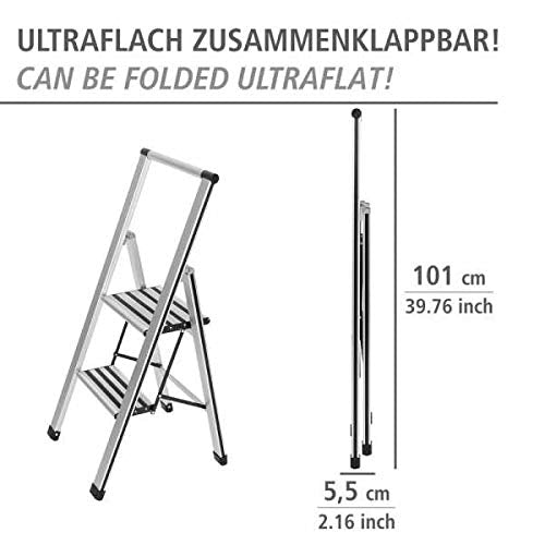 WENKO Leichte Aluminium Trittleiter mit 2 Stufen für 50 cm höheren Stand, rutschsichere XXL-Stufen, Design Klapptrittleiter, TÜV Süd Zertifiziert, 44 x 101 x 5,5 cm, Silber matt