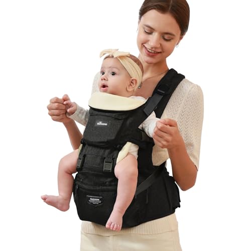 SUNVENO Babytrage Ergonomisch，Baby Carrier mit Abnehmbarer Kapuze, Hüftsitz baby mit Speicheltuch, 3in1 Babybauchtragen für Baby 3-36 Monate, Babyrückentragen 0-20Kg (Schwarz)