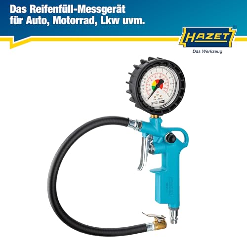 HAZET Reifenfüll-Messgerät 9041-1 I Manometer-Messbereich: 0-12 bar, Schlauchlänge: 400 mm, Manometer-Durchmesser: 63 mm I Reifendruck-Prüfer für Auto, Motorrad, Lkw uvm.