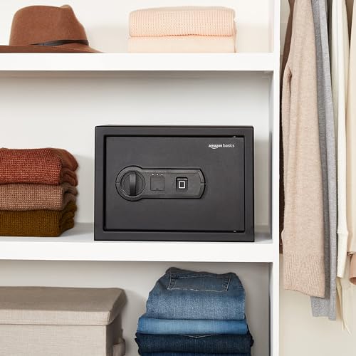 Amazon Basics Stahl-Safe, Sicherheit für Zuhause, mit biometrisch Fingerabdruckschloss, schützt Bargeld, Schmuck, Ausweisdokumente, 14 L Volumen, schwarz, 35 cm B x 24.9 cm T x 24.9 cm H