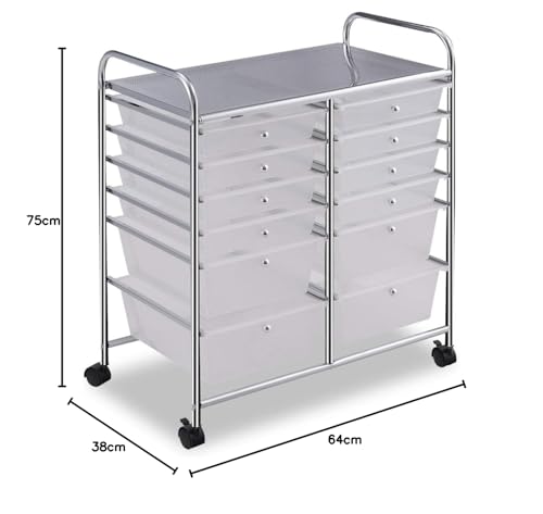 COSTWAY Rollwagen mit 12 stapelbaren Schubladen, Schubladenwagen Rollcontainer mit Metallgestell und Ablagefläche, Badrollwagen Aufbewahrungswagen für Büro, Wohnzimmer (Transparent)