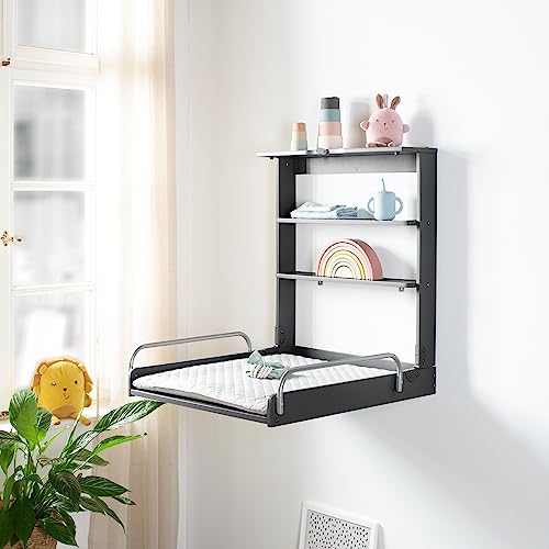 roba Wandwickelregal + Wickelauflage roba Style grau - Klappbar & platzsparendes Wickelregal zur Wandmontage - Wickeltisch mit 2 Ablagefächer - Holz anthrazit