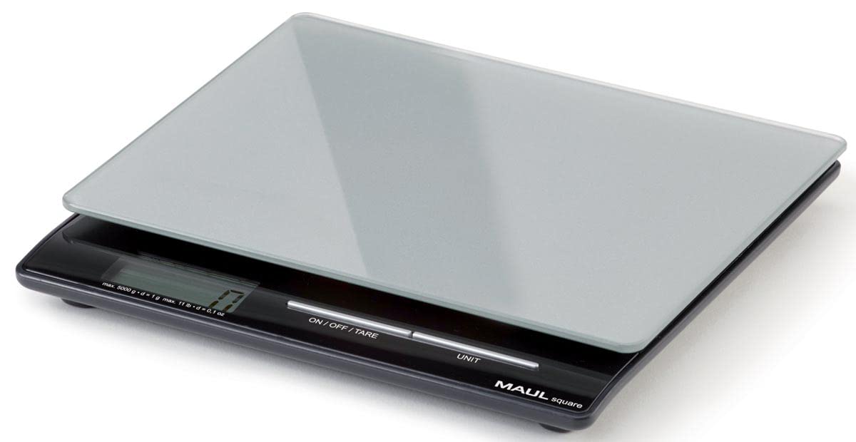 MAUL Briefwaage MAULsquare 18 x 15 cm | Waage bis 5kg belastbar | Moderne Küchenwaage mit Glasoberfläche | Automatische Nullstellung und Abschaltautomatik | Inklusive Batterien | Silber